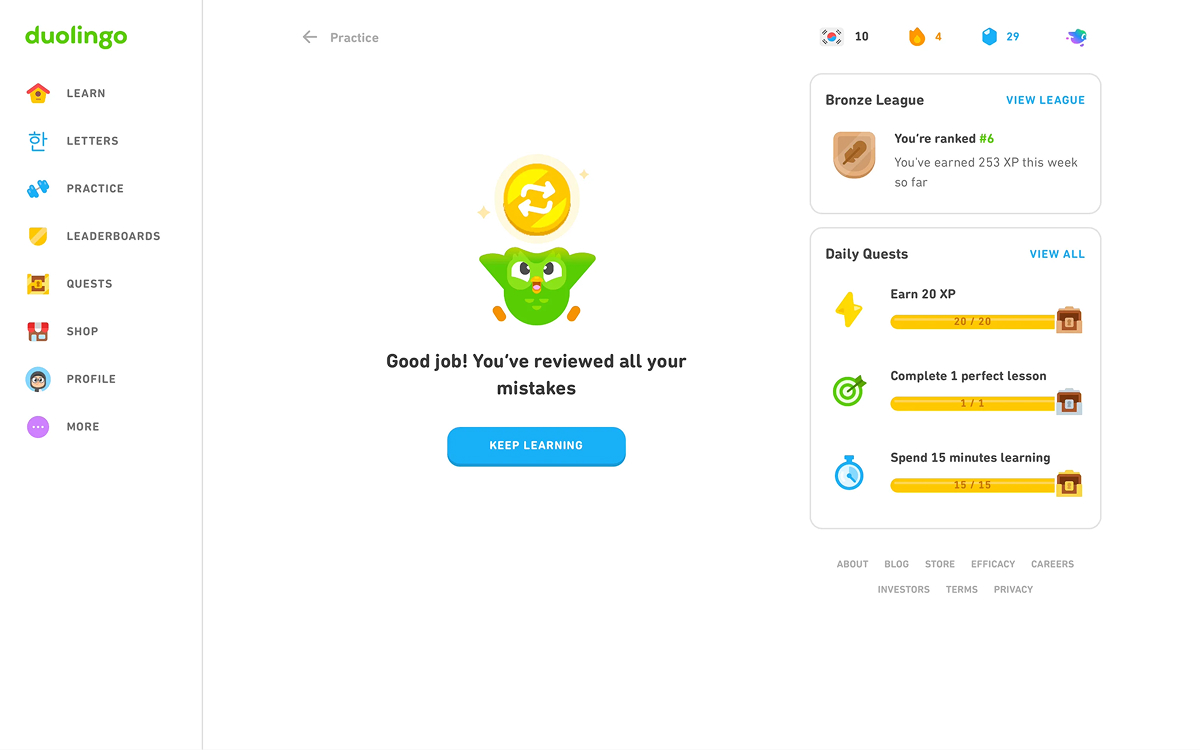 Duolingo language-learning app empty state showing a completed task list with no remaining lessons, a colorful celebratory interface, and guidance for what to do next