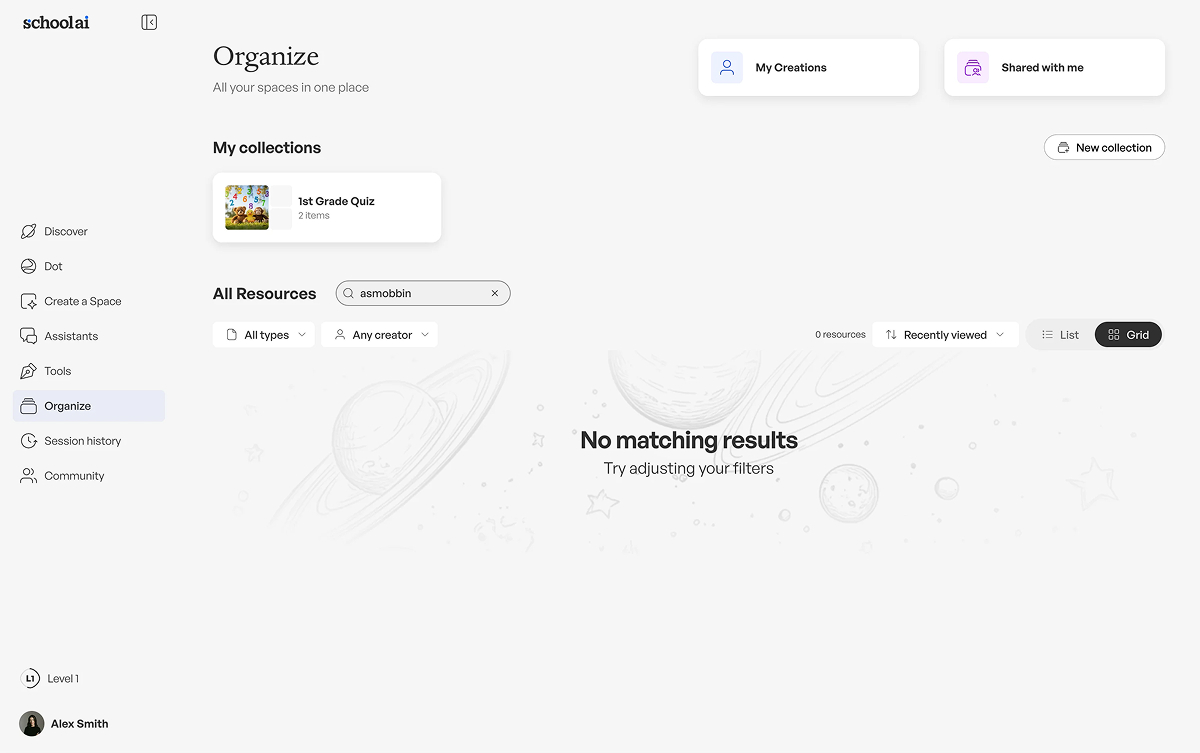 School AI empty-state interface showing that a search or request returned no results, with guidance for what to try next in a clean educational workspace; the calm, informative layout helps users recover without feeling stuck